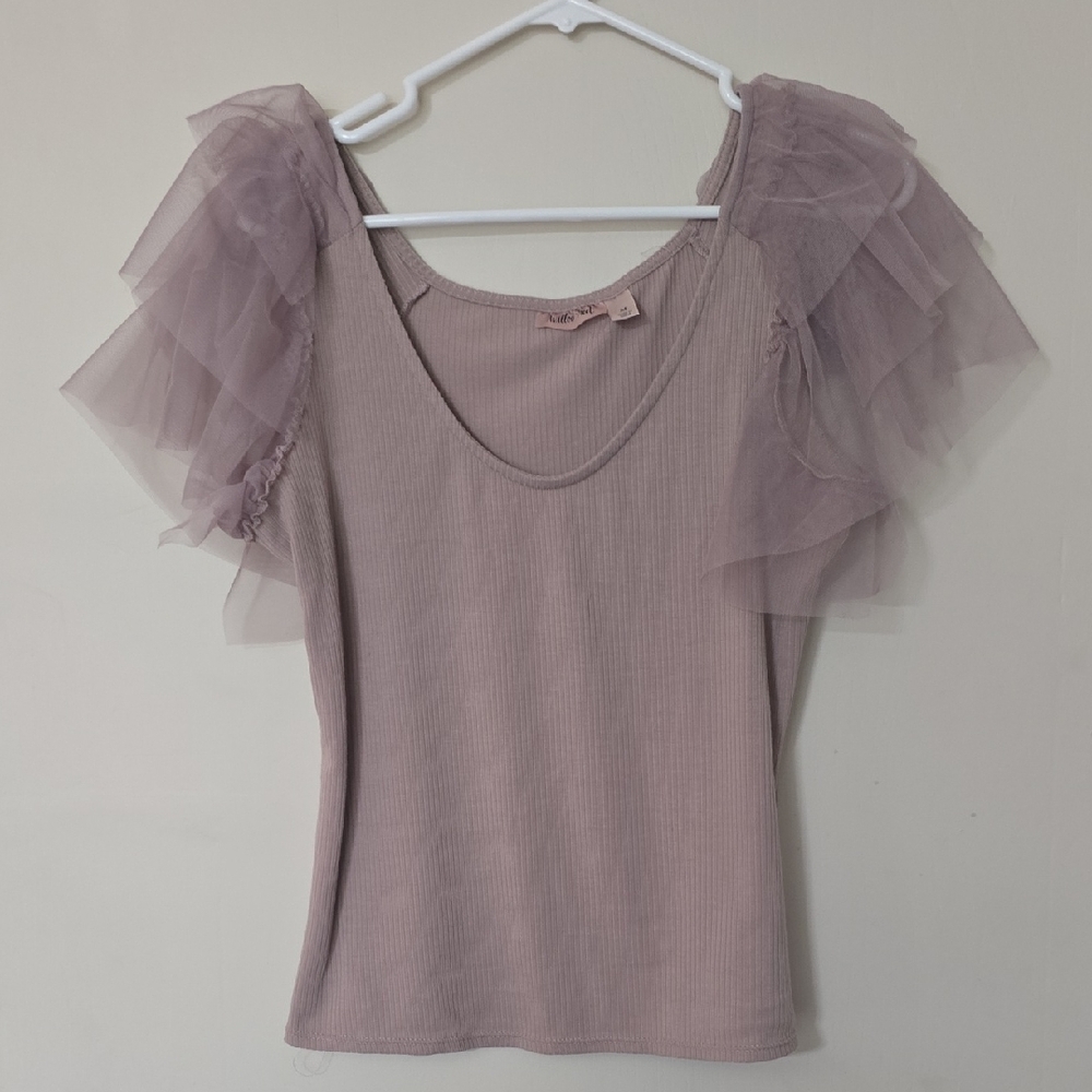 Ribbed Tank Top with Layered Tulle Sleeves - Dusty Mauve